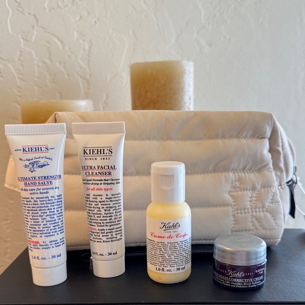 Kiehl's 5 piece Skincare Collection perfect for travel with Kiehl’s Quilted Bag
